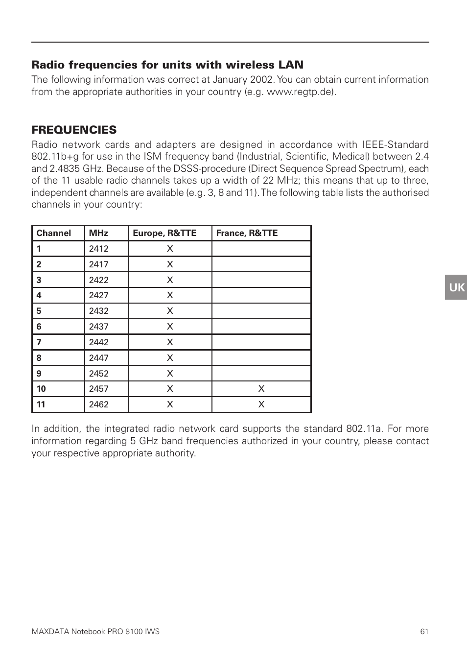 Radio frequencies for units with wireless lan, Uk radio frequencies for units with wireless lan, Frequencies | MAXDATA PRO 8100 IWS User Manual | Page 15 / 44