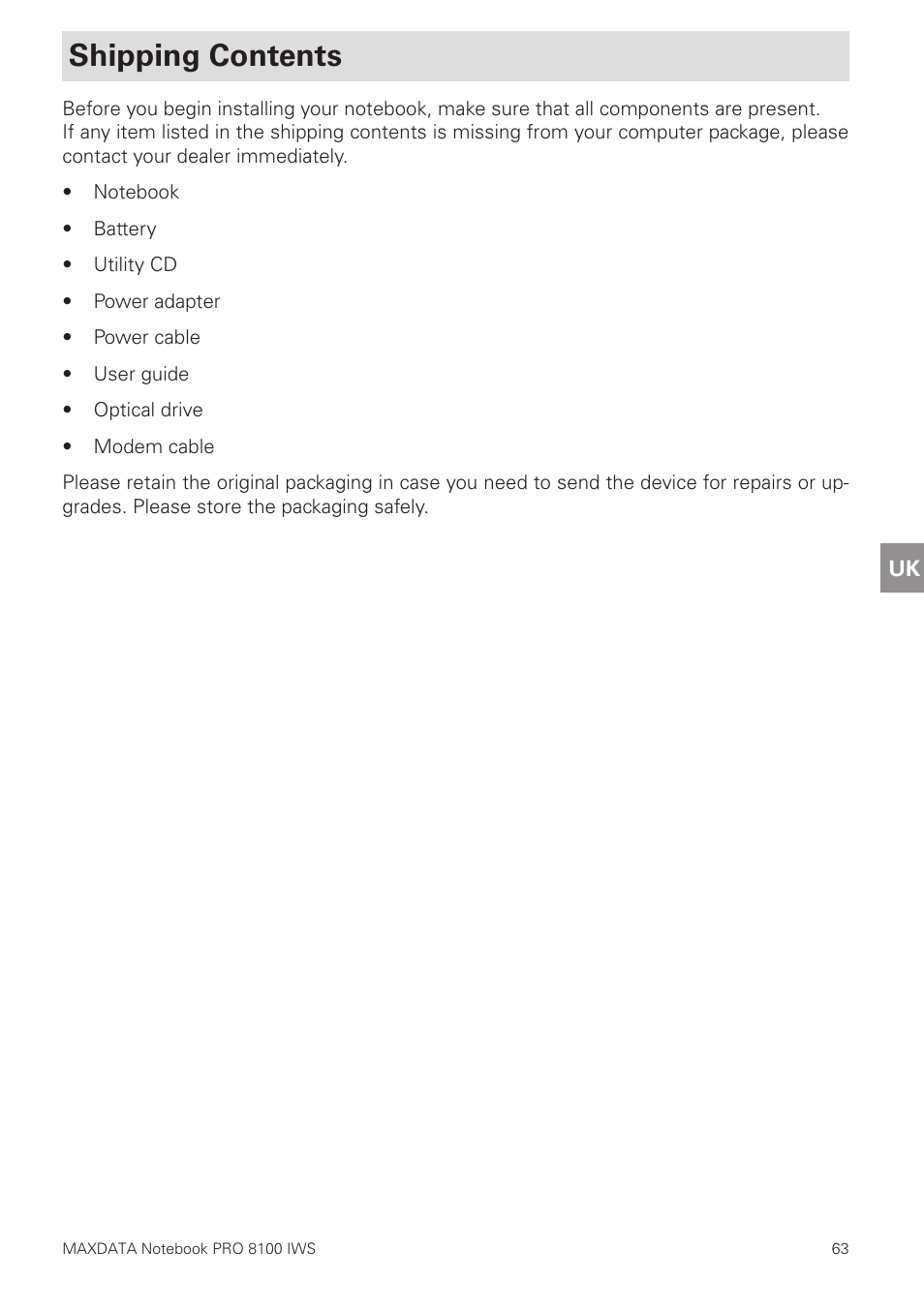 Shipping contents | MAXDATA PRO 8100 IWS User Manual | Page 17 / 44