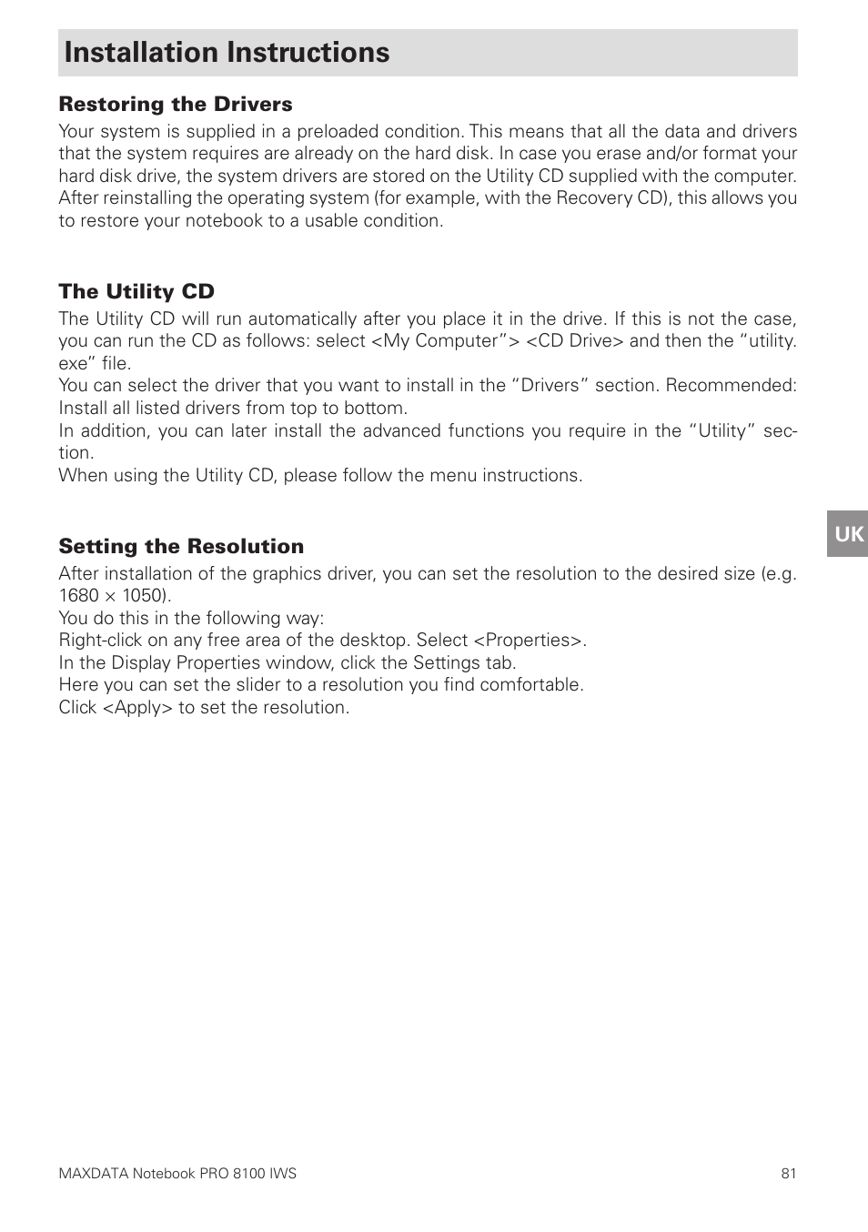 Installation instructions, Restoring the drivers, The utility cd | Setting the resolution | MAXDATA PRO 8100 IWS User Manual | Page 35 / 44