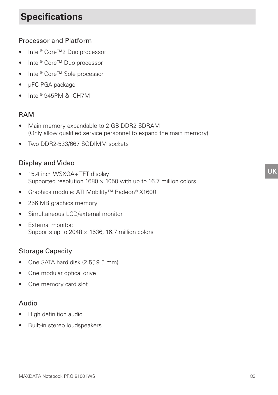 Specifications, Speciﬁcations | MAXDATA PRO 8100 IWS User Manual | Page 37 / 44
