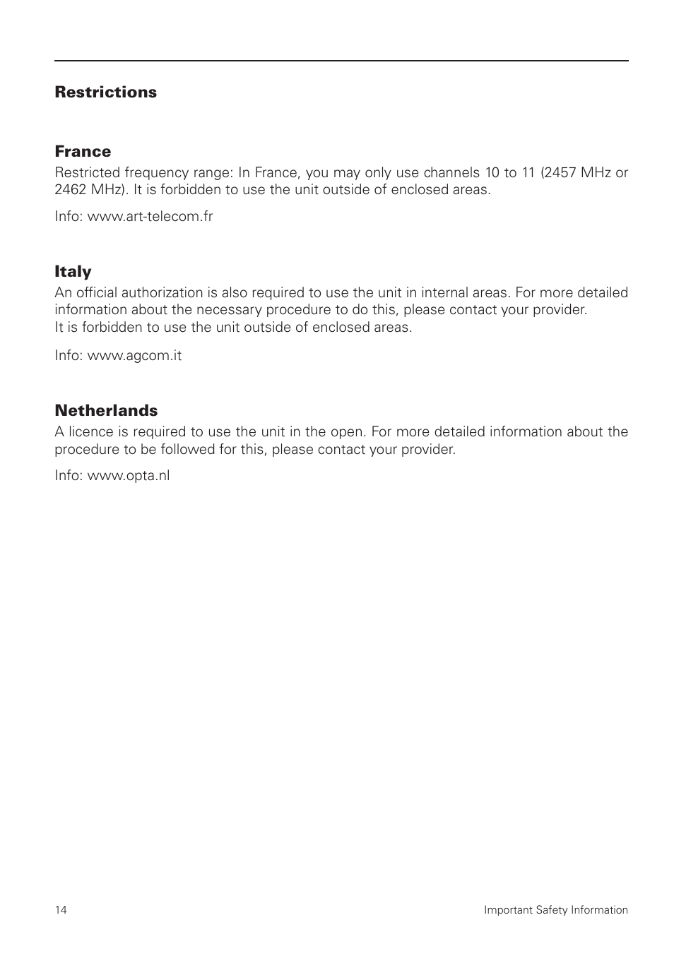 Restrictions, France, Italy | Netherlands | MAXDATA NOTEBOOK PRO 5500 IR User Manual | Page 14 / 48