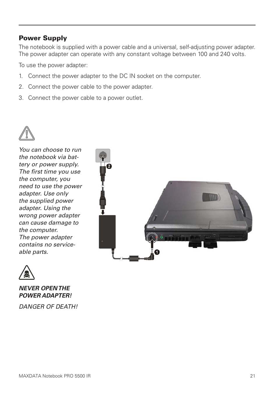 Power supply | MAXDATA NOTEBOOK PRO 5500 IR User Manual | Page 21 / 48