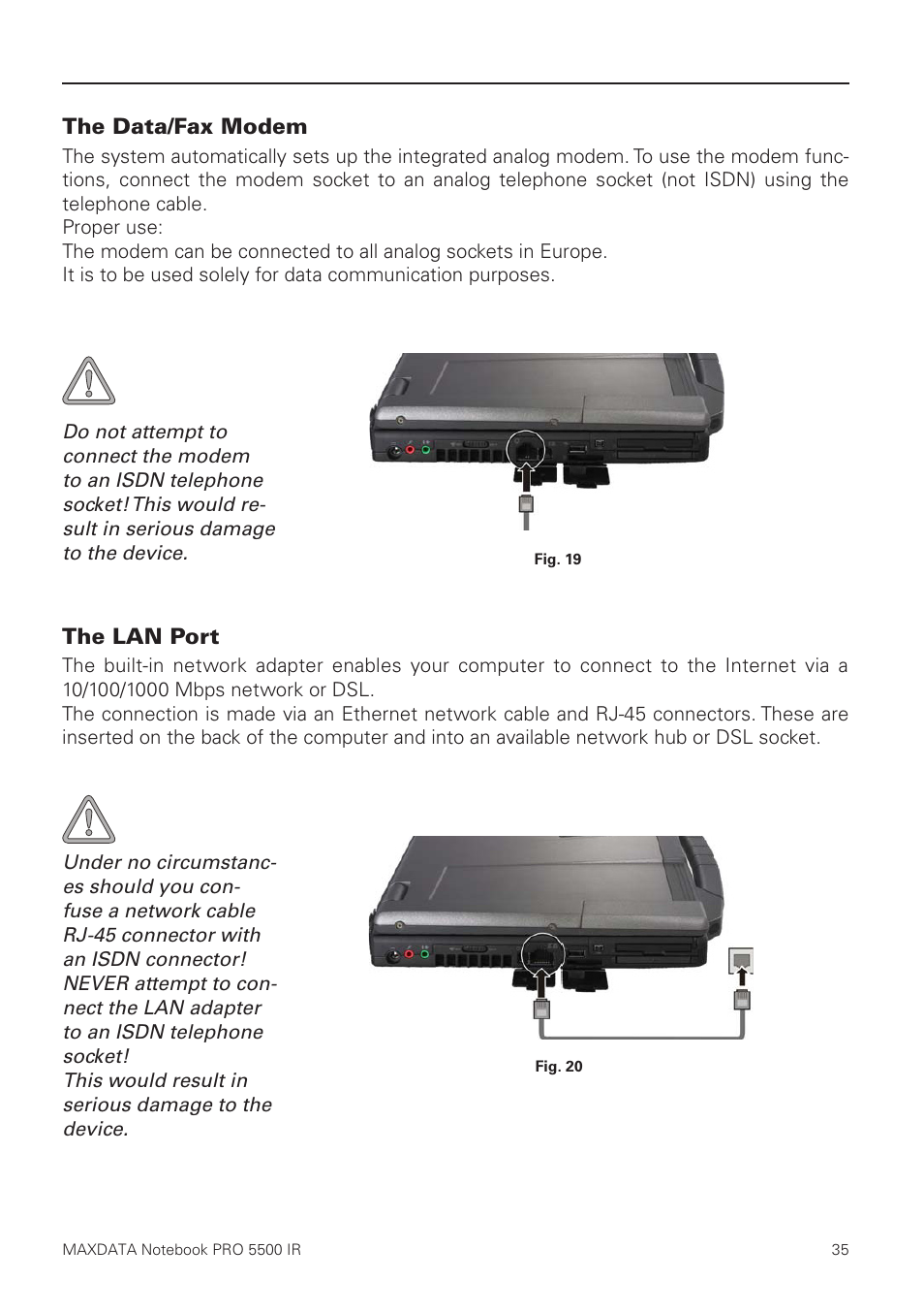 The data/fax modem, The lan port | MAXDATA NOTEBOOK PRO 5500 IR User Manual | Page 35 / 48