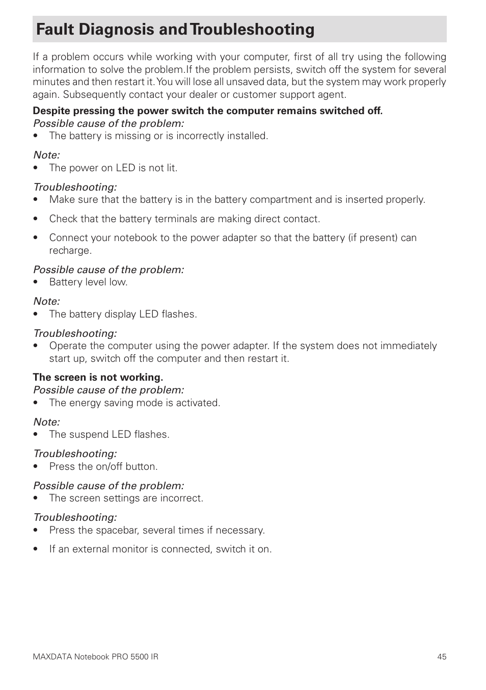 Fault diagnosis and troubleshooting | MAXDATA NOTEBOOK PRO 5500 IR User Manual | Page 45 / 48