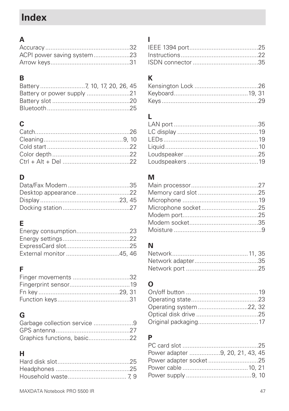 Index | MAXDATA NOTEBOOK PRO 5500 IR User Manual | Page 47 / 48
