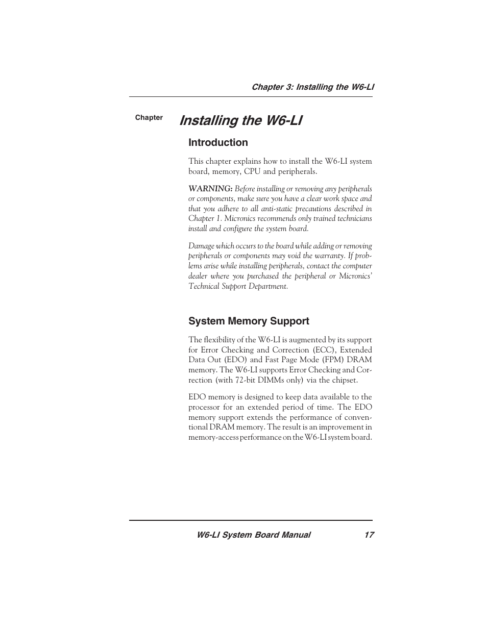 Installing the w6-li | Micronics PENTIUM PRO W6-LI User Manual | Page 19 / 82