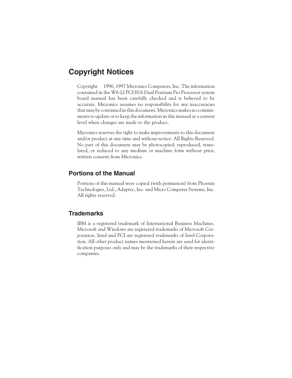 Copyright notices | Micronics PENTIUM PRO W6-LI User Manual | Page 2 / 82