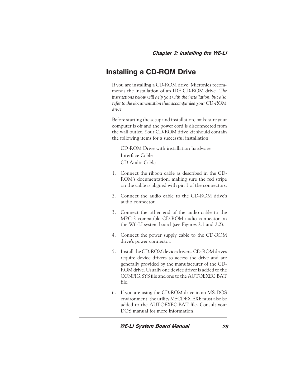Installing a cd-rom drive | Micronics PENTIUM PRO W6-LI User Manual | Page 31 / 82