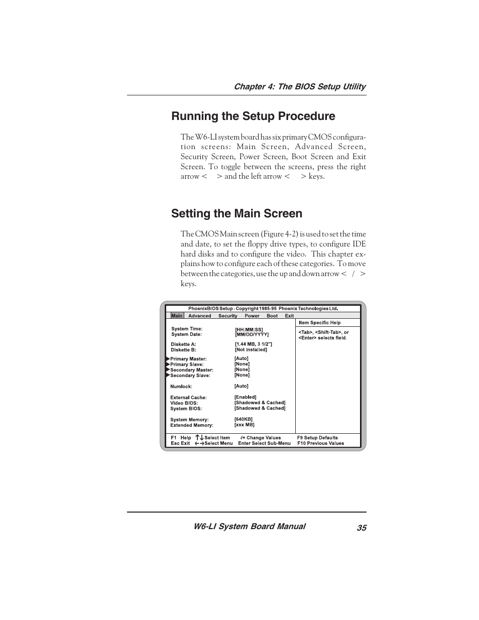 Running the setup procedure, Setting the main screen | Micronics PENTIUM PRO W6-LI User Manual | Page 37 / 82