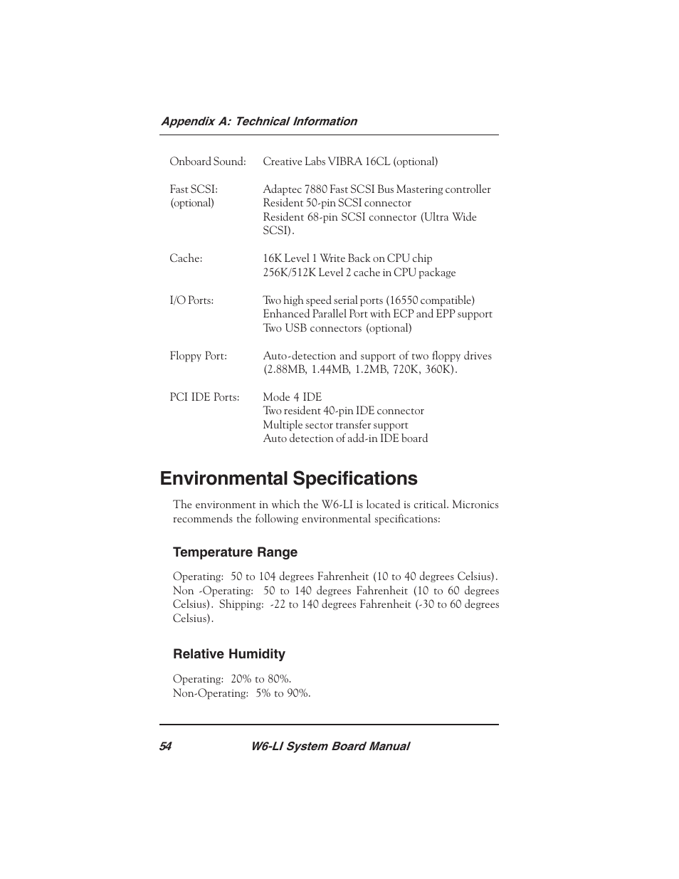Environmental specifications | Micronics PENTIUM PRO W6-LI User Manual | Page 56 / 82