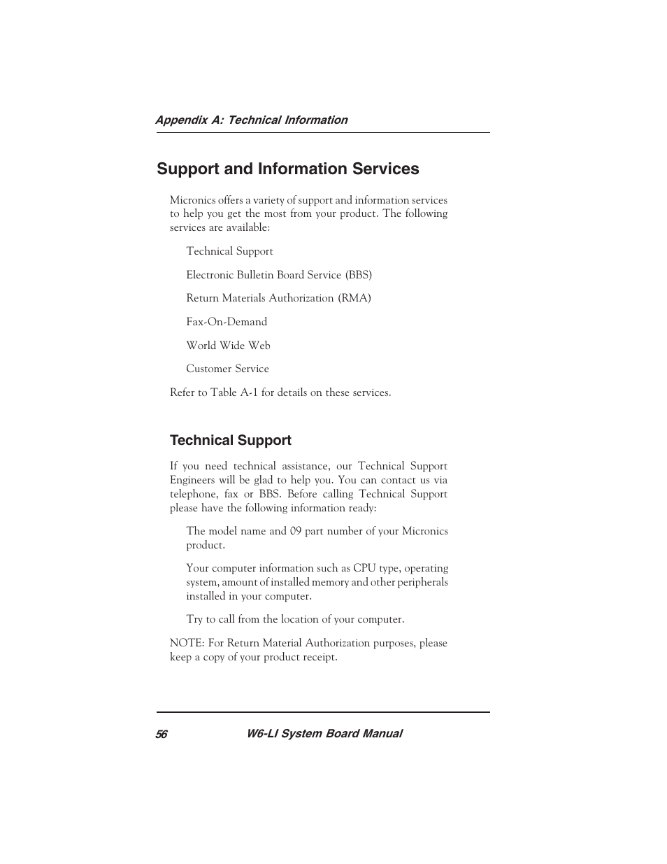 Support and information services | Micronics PENTIUM PRO W6-LI User Manual | Page 58 / 82