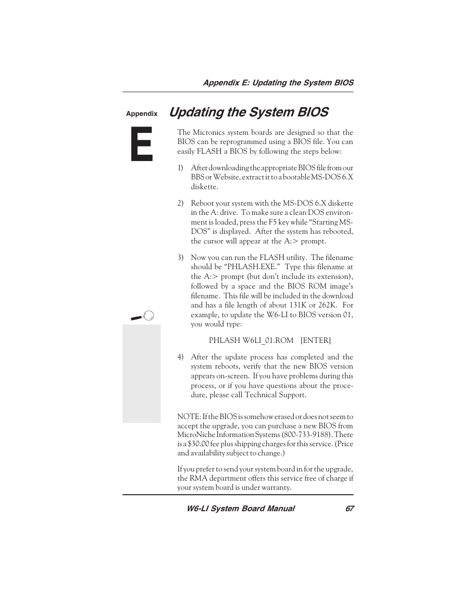 Updating the system bios | Micronics PENTIUM PRO W6-LI User Manual | Page 69 / 82