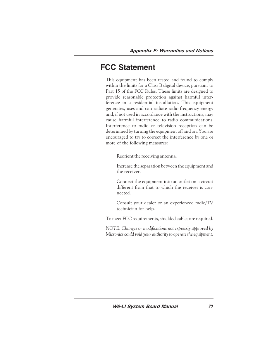 Fcc statement | Micronics PENTIUM PRO W6-LI User Manual | Page 73 / 82