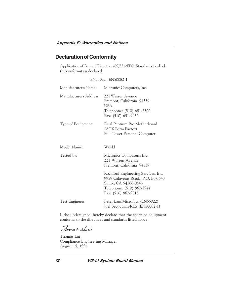 Declaration of conformity | Micronics PENTIUM PRO W6-LI User Manual | Page 74 / 82