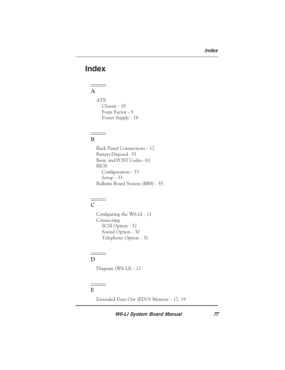 Index | Micronics PENTIUM PRO W6-LI User Manual | Page 79 / 82