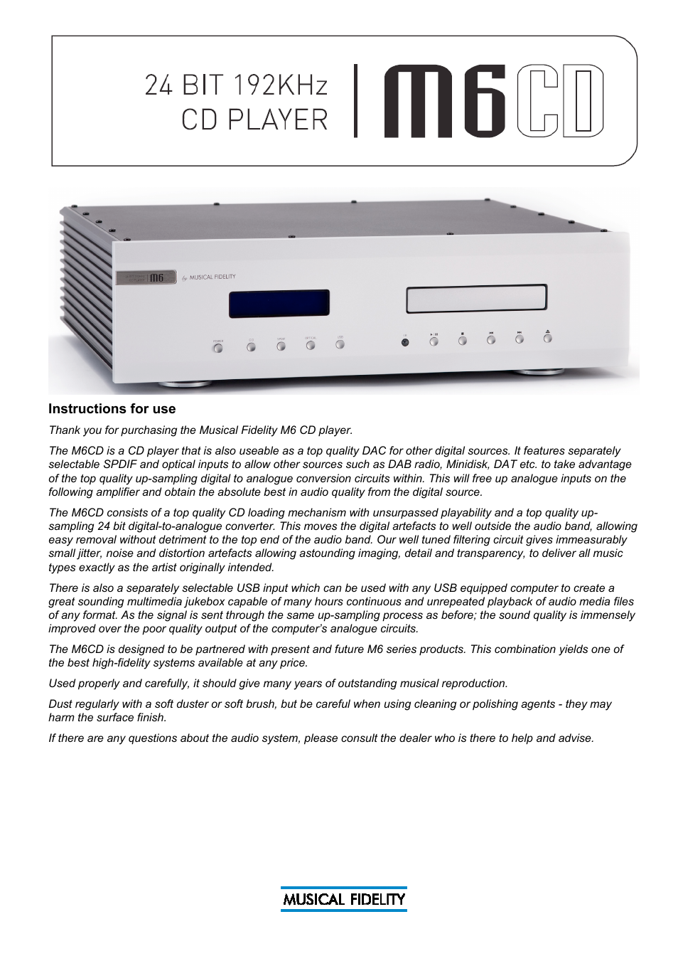 Musical Fidelity M6 User Manual | 18 pages