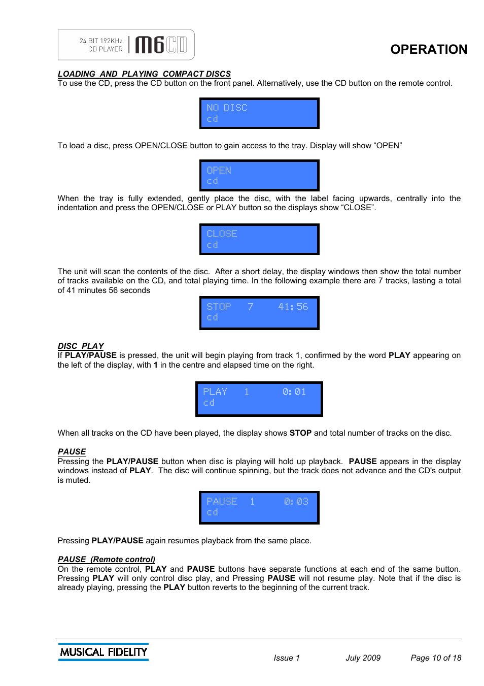 Operation | Musical Fidelity M6 User Manual | Page 10 / 18