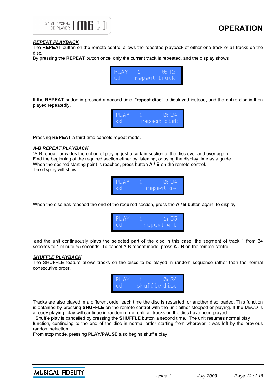 Operation | Musical Fidelity M6 User Manual | Page 12 / 18