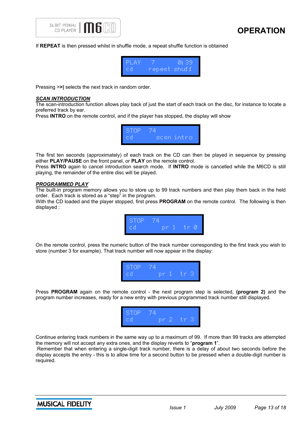 Operation | Musical Fidelity M6 User Manual | Page 13 / 18