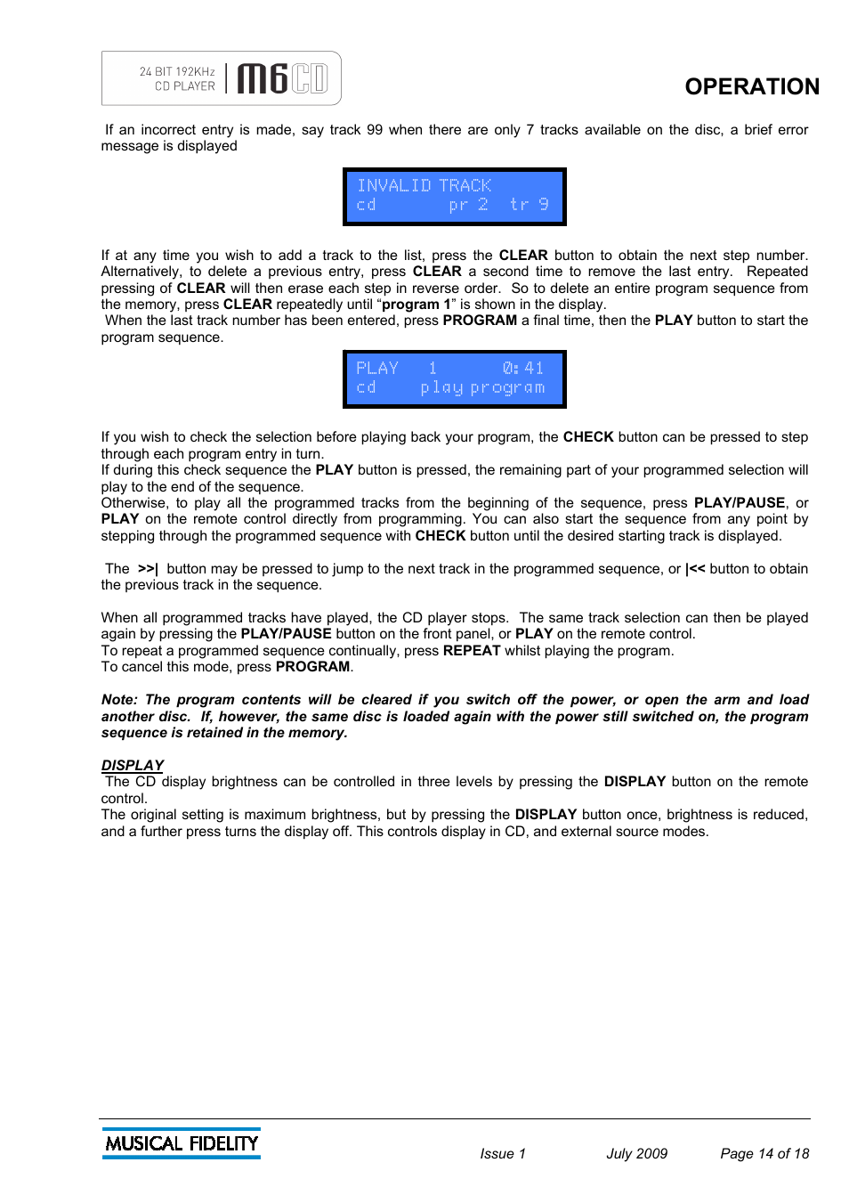 Operation | Musical Fidelity M6 User Manual | Page 14 / 18