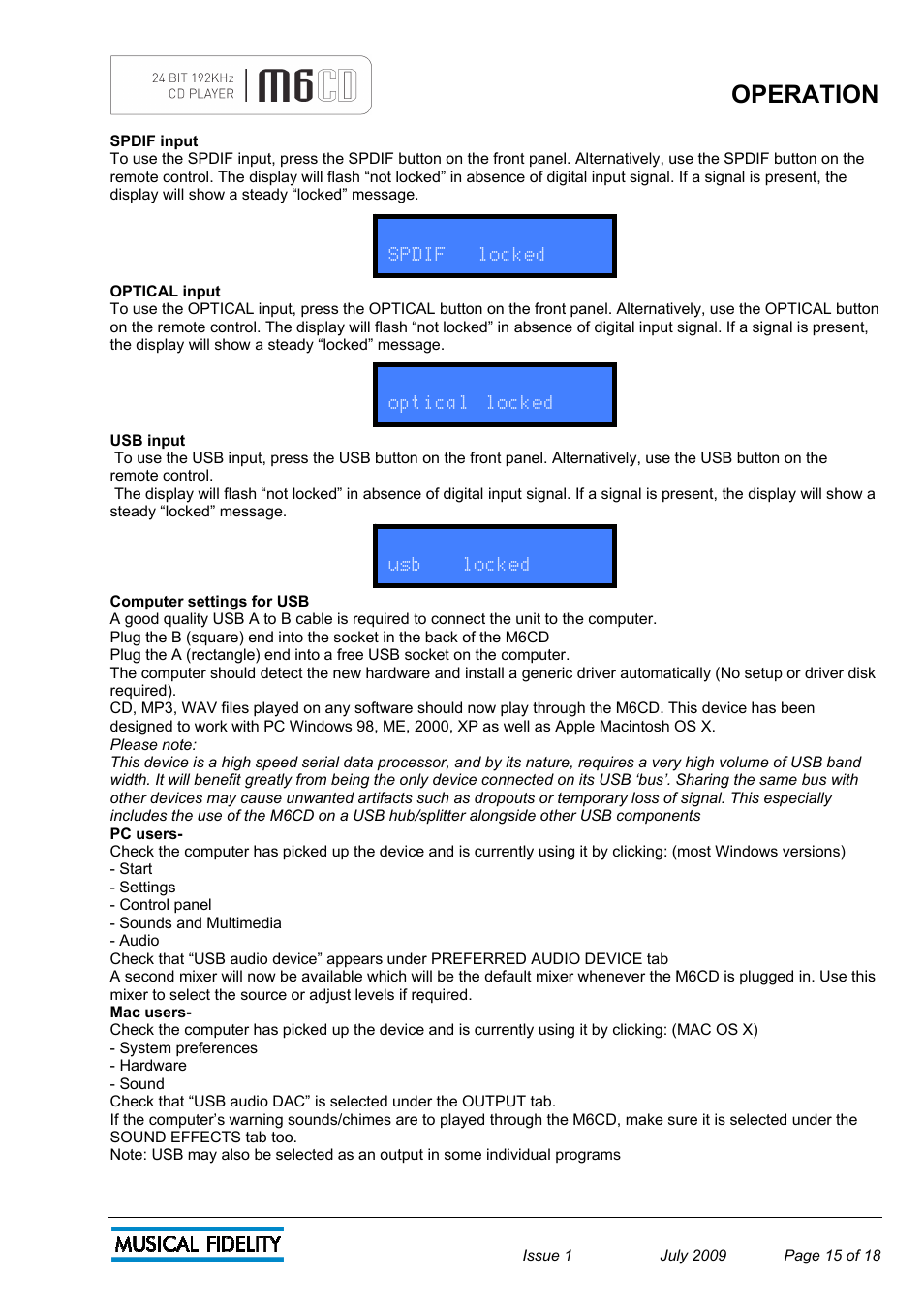 Operation | Musical Fidelity M6 User Manual | Page 15 / 18