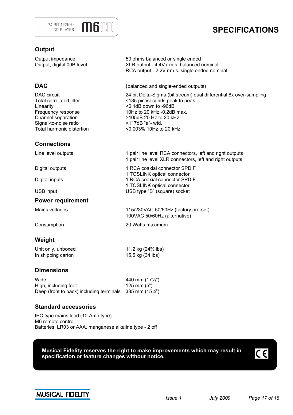 Specifications | Musical Fidelity M6 User Manual | Page 17 / 18