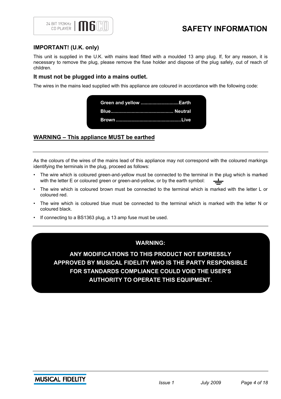 Safety information | Musical Fidelity M6 User Manual | Page 4 / 18