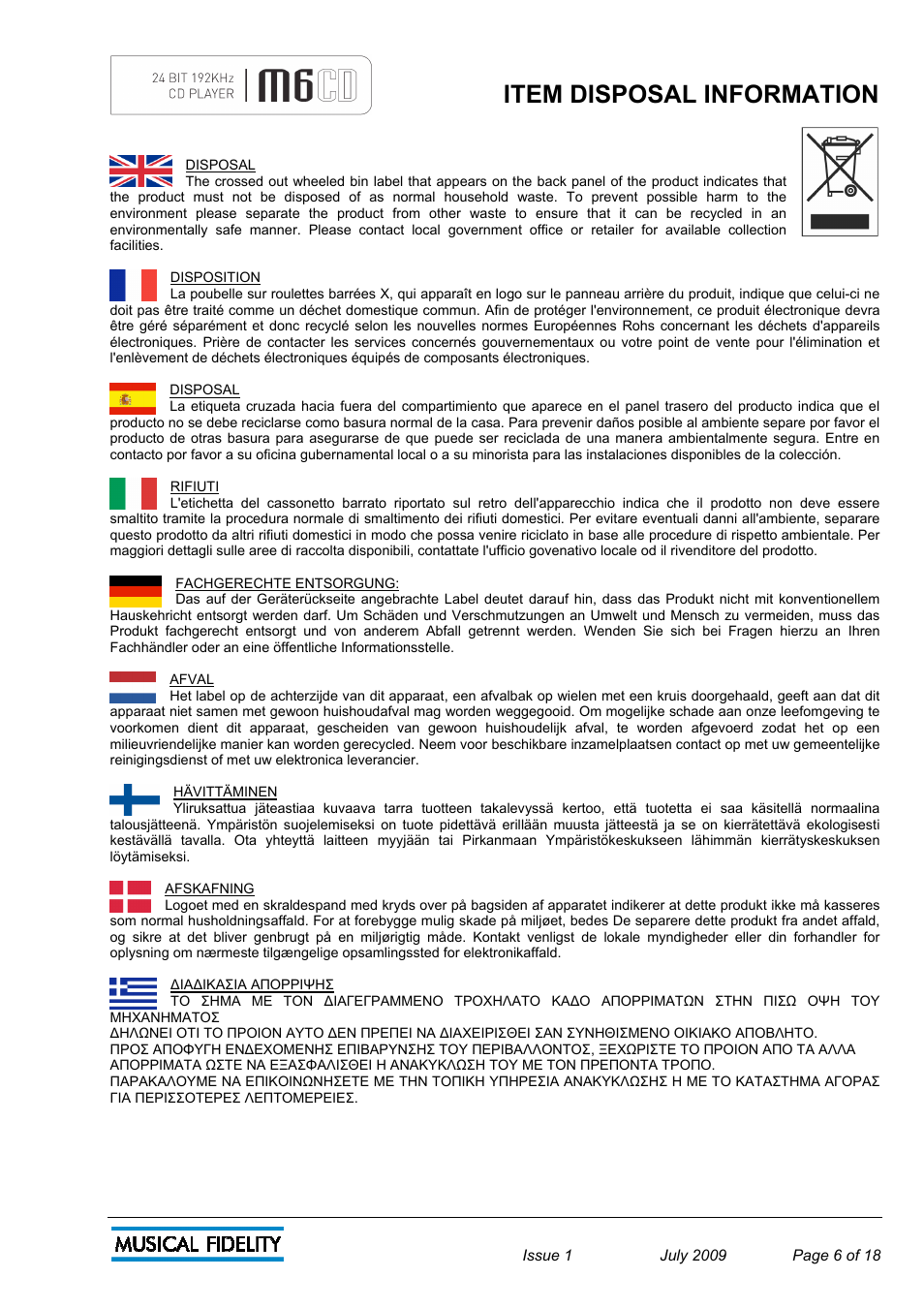 Item disposal information | Musical Fidelity M6 User Manual | Page 6 / 18
