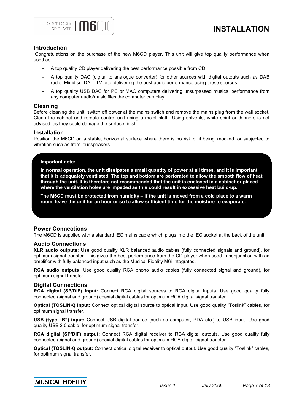 Installation | Musical Fidelity M6 User Manual | Page 7 / 18