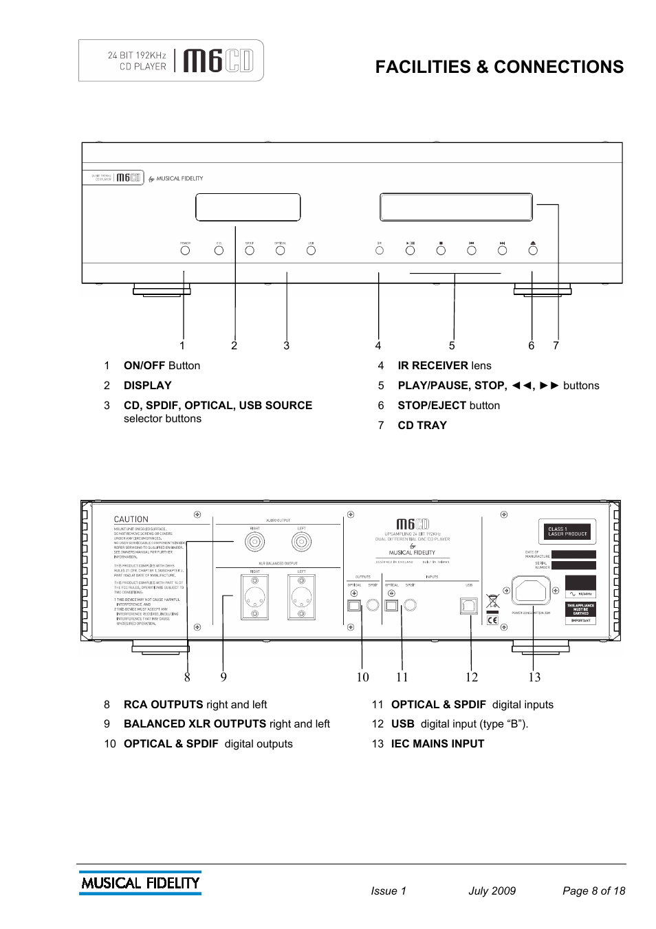 Facilities & connections | Musical Fidelity M6 User Manual | Page 8 / 18