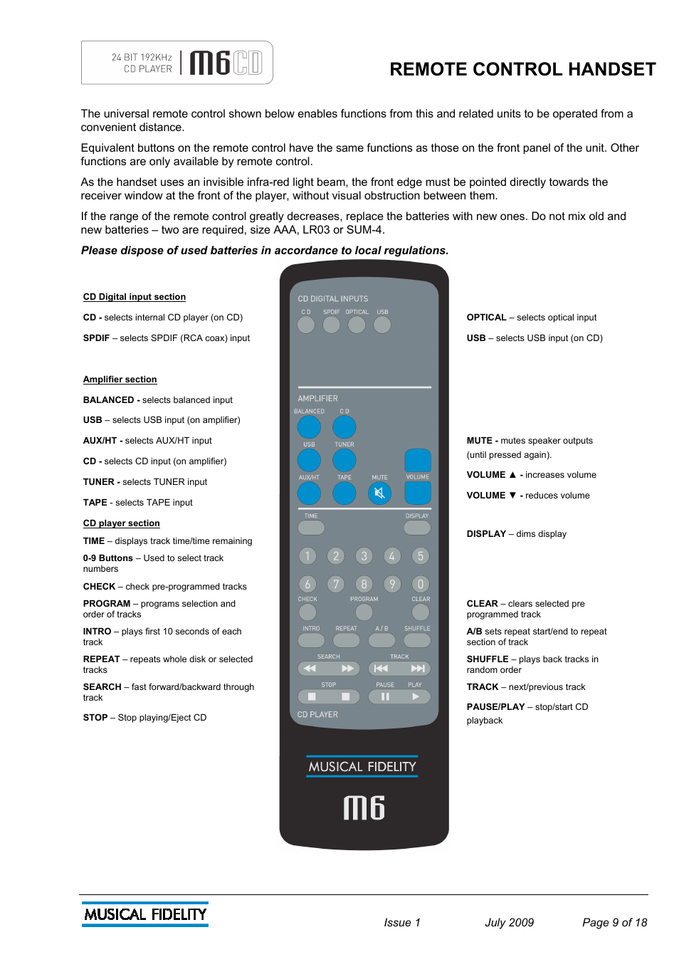 Remote control handset | Musical Fidelity M6 User Manual | Page 9 / 18