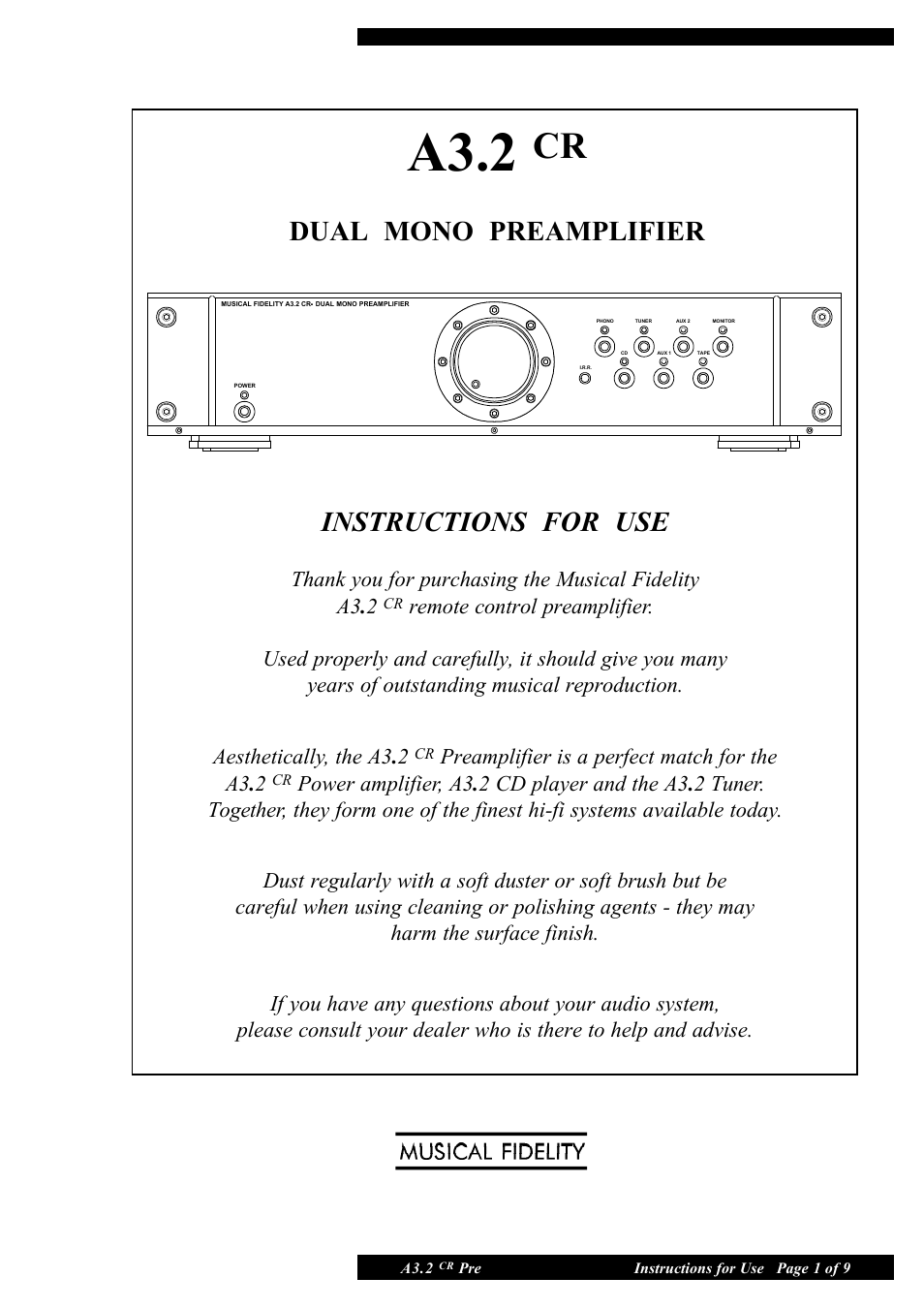 Musical Fidelity A3.2 CR User Manual | 9 pages