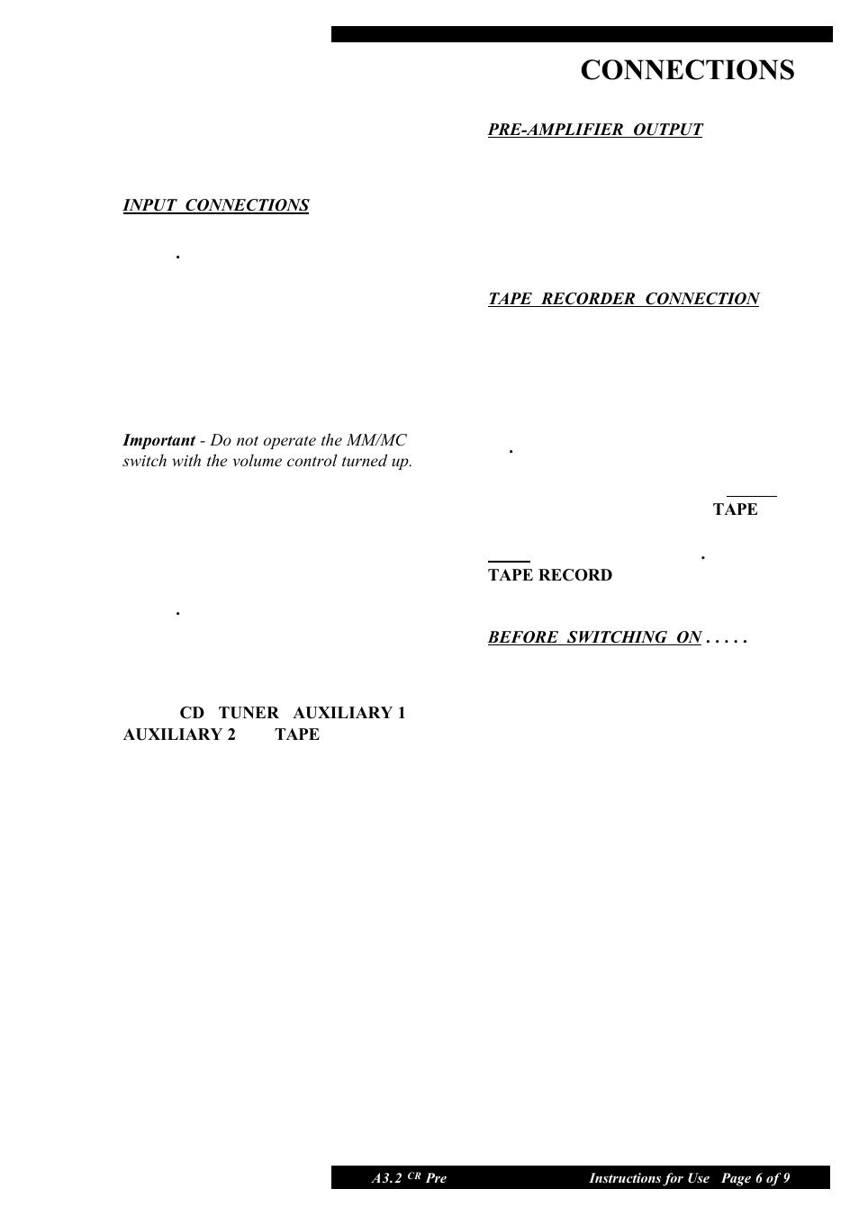 Connections | Musical Fidelity A3.2 CR User Manual | Page 6 / 9