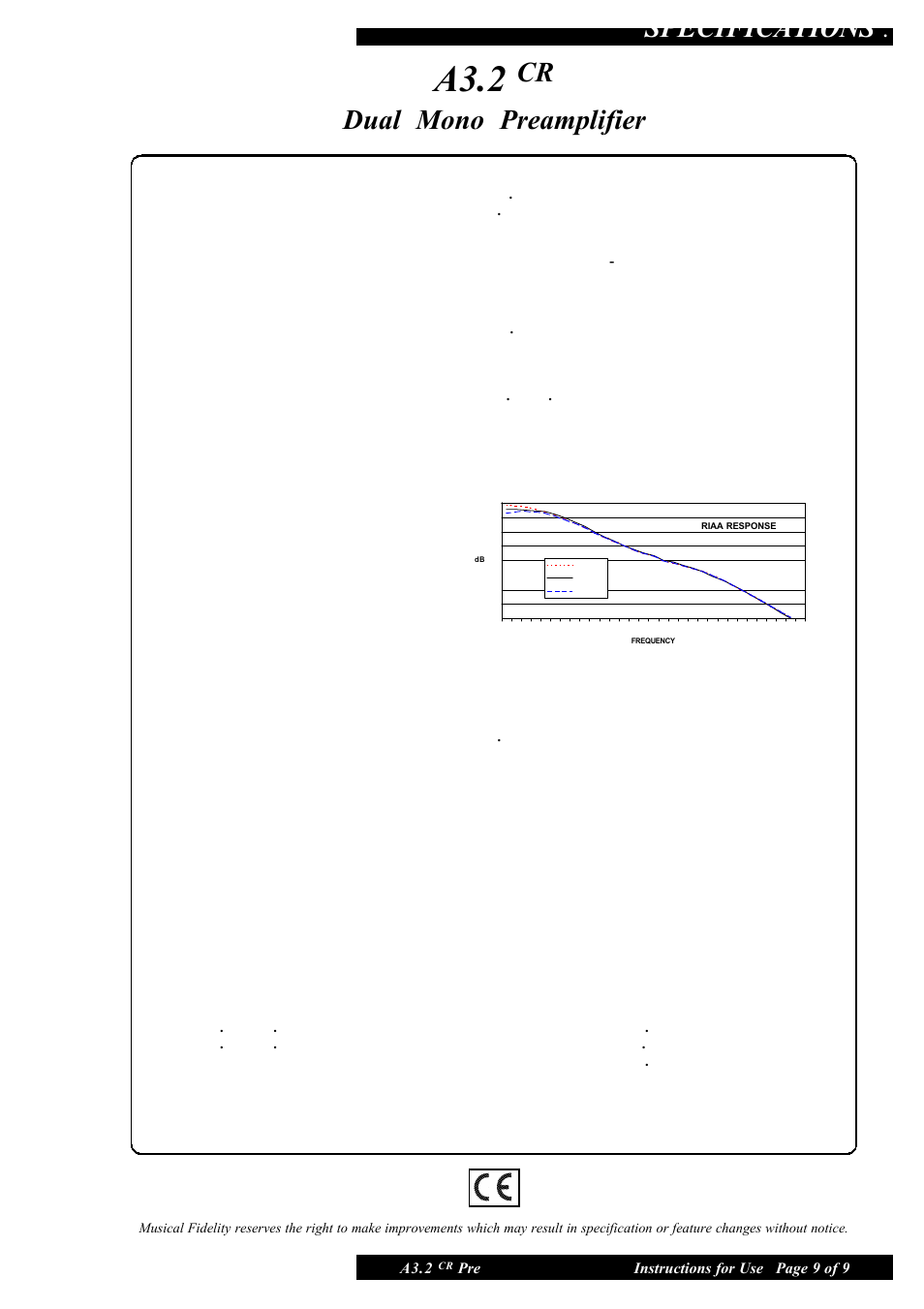 A3.2, Specifications, Cr dual mono preamplifier | Musical Fidelity A3.2 CR User Manual | Page 9 / 9