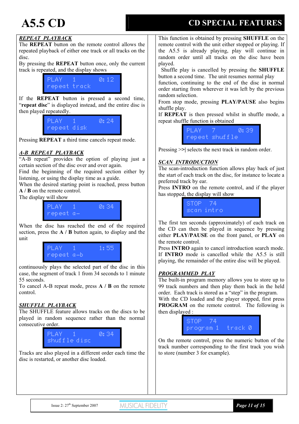 A5.5 cd, Cd special features | Musical Fidelity A5.5 User Manual | Page 11 / 15