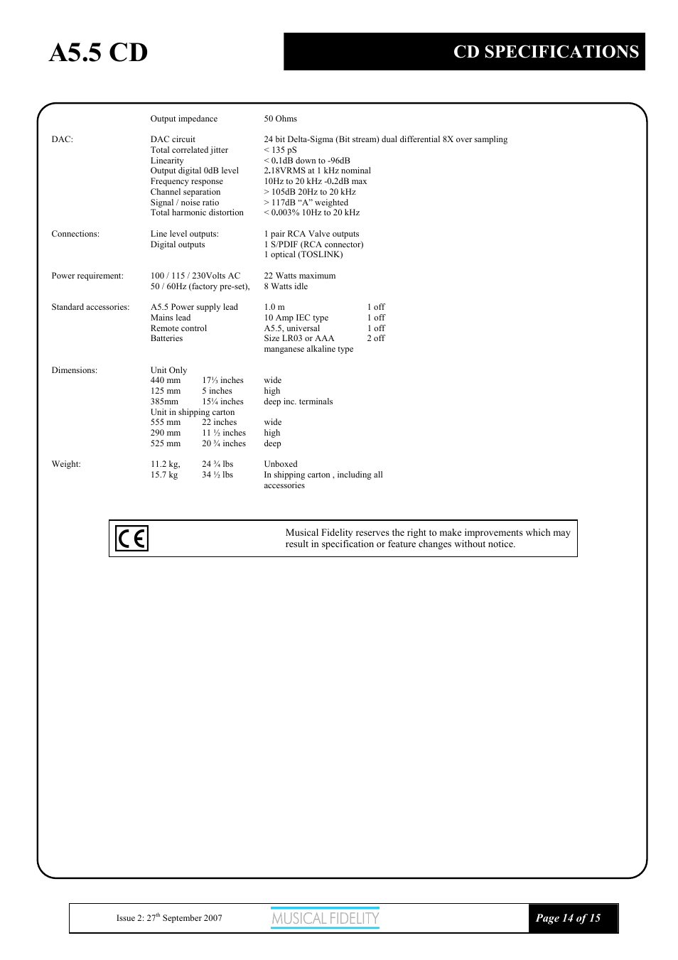 A5.5 cd, Cd specifications, Page 14 of | Musical Fidelity A5.5 User Manual | Page 14 / 15