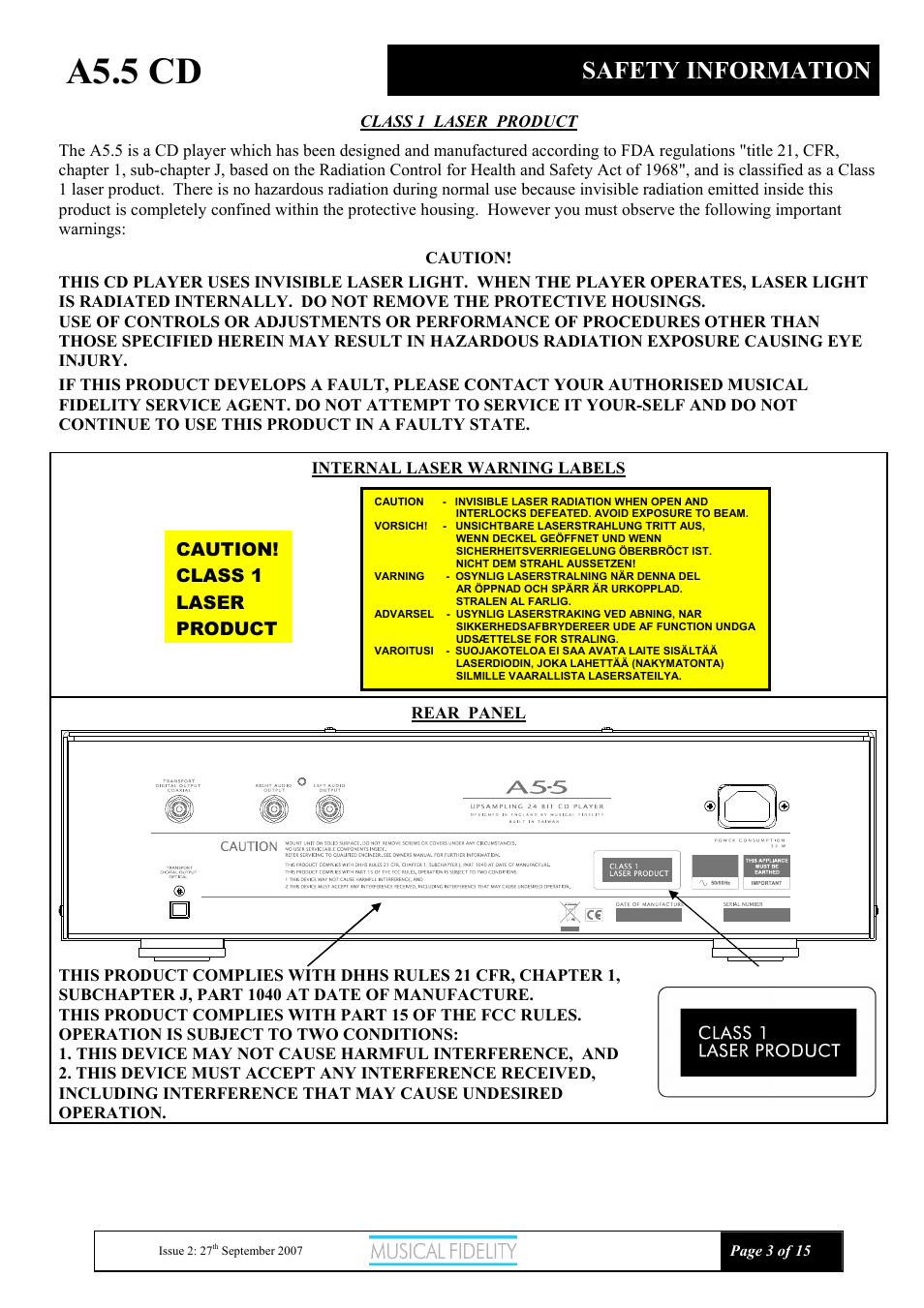 A5.5 cd, Safety information | Musical Fidelity A5.5 User Manual | Page 3 / 15