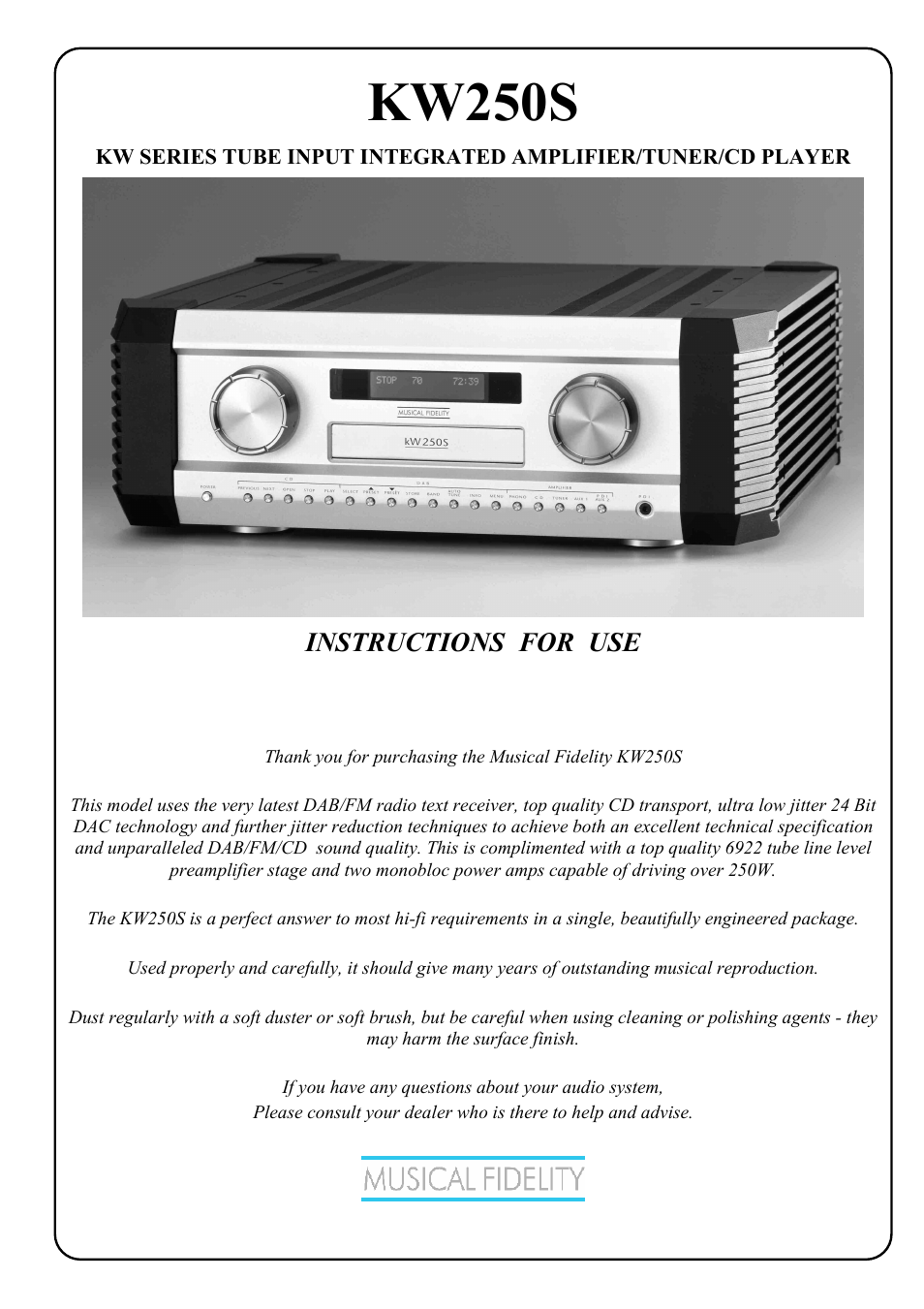 Musical Fidelity KW250S User Manual | 25 pages