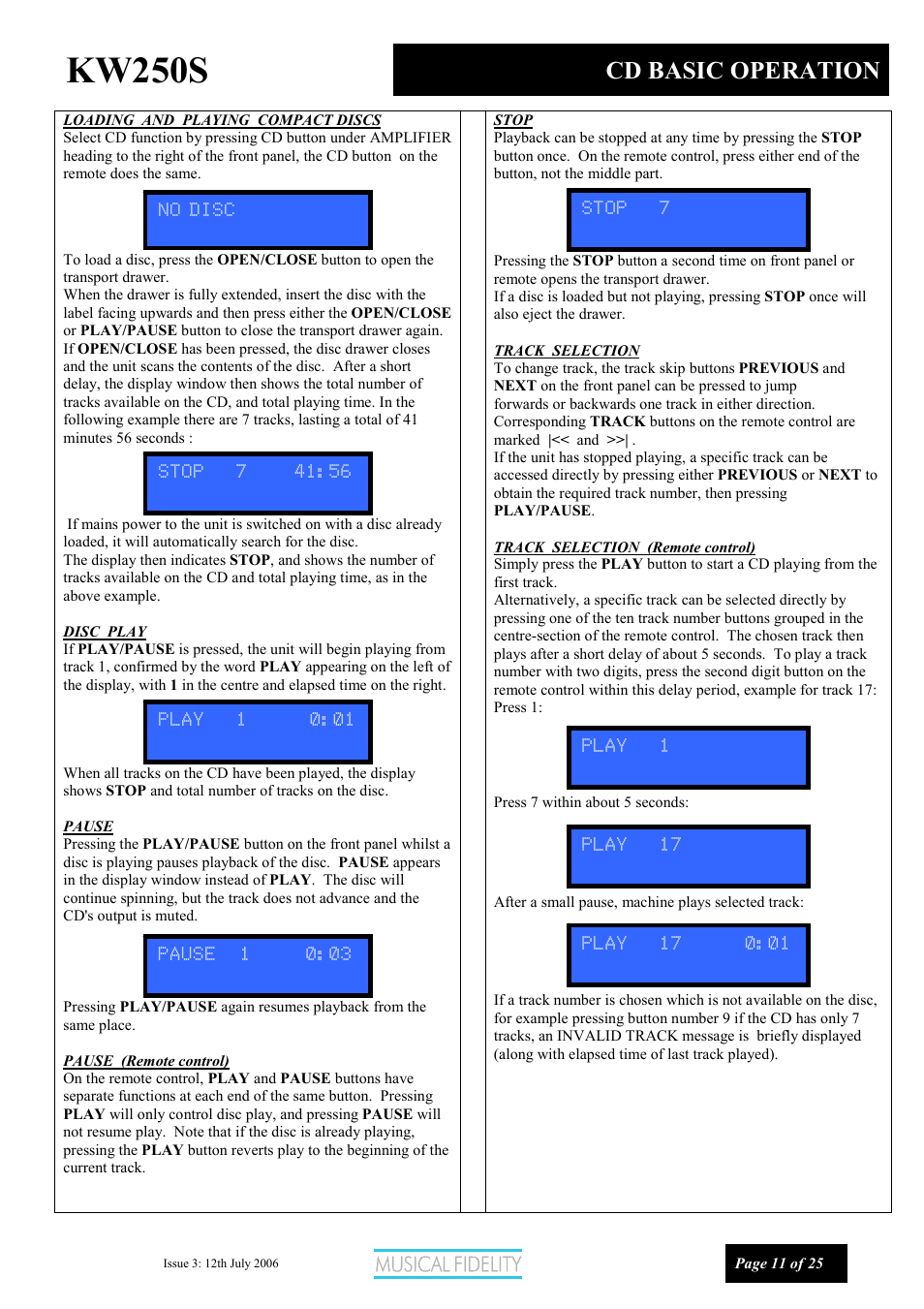 Kw250s, Cd basic operation | Musical Fidelity KW250S User Manual | Page 11 / 25