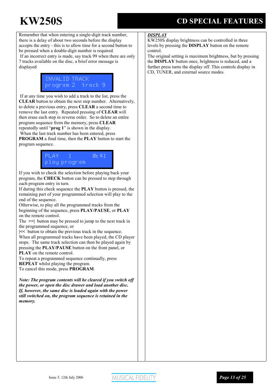 Kw250s, Cd special features | Musical Fidelity KW250S User Manual | Page 13 / 25