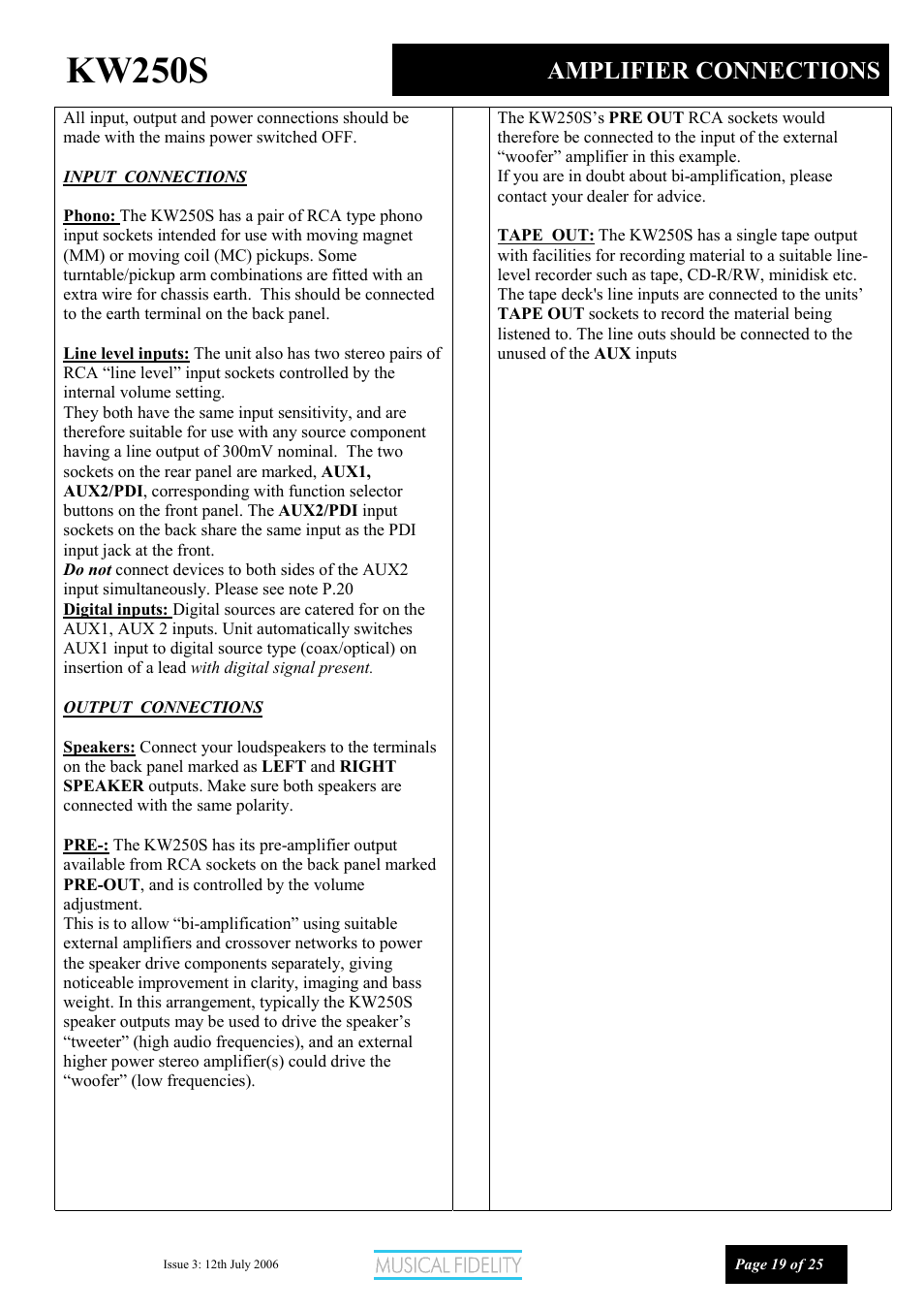 Kw250s, Amplifier connections | Musical Fidelity KW250S User Manual | Page 19 / 25