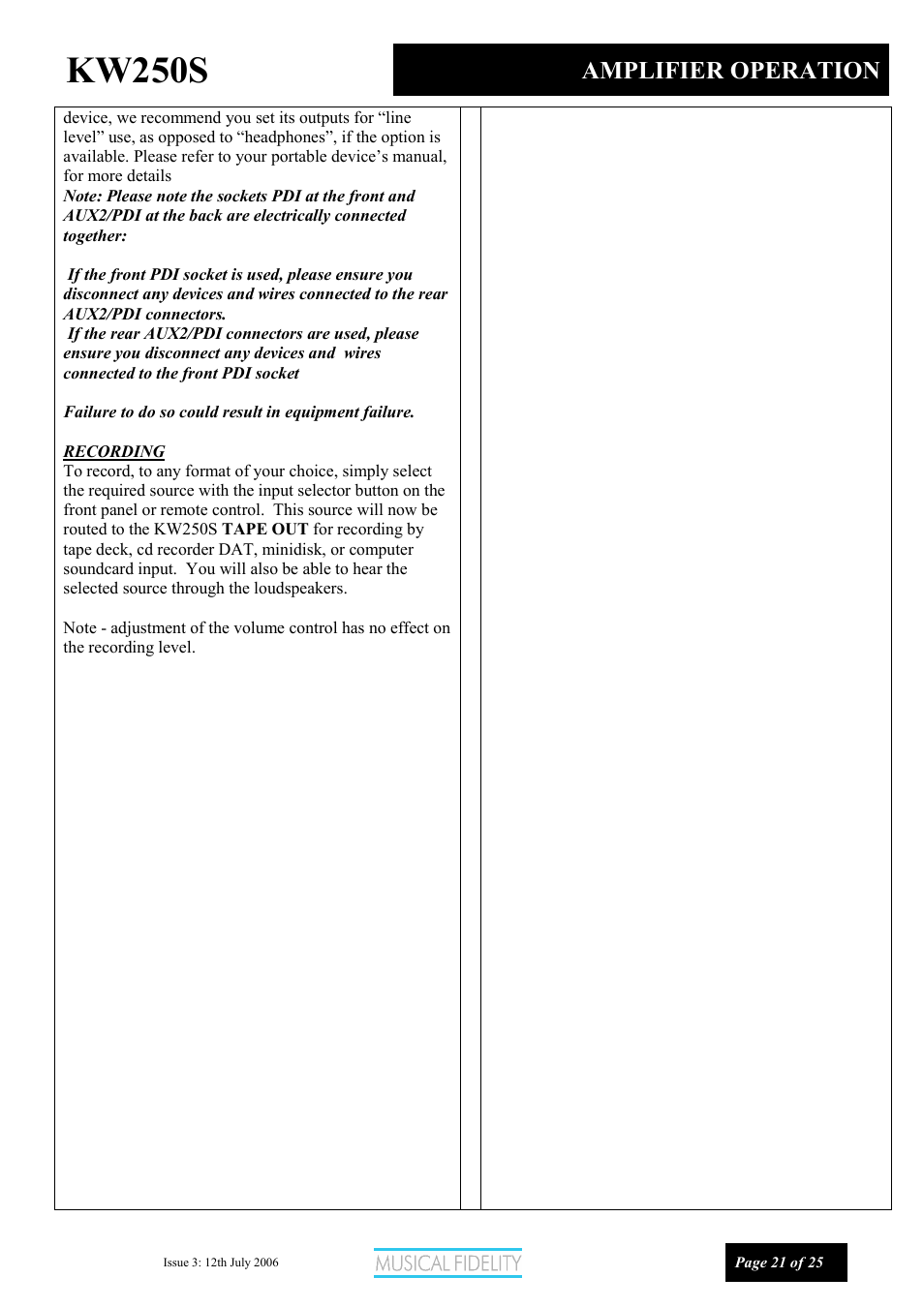 Kw250s, Amplifier operation | Musical Fidelity KW250S User Manual | Page 21 / 25