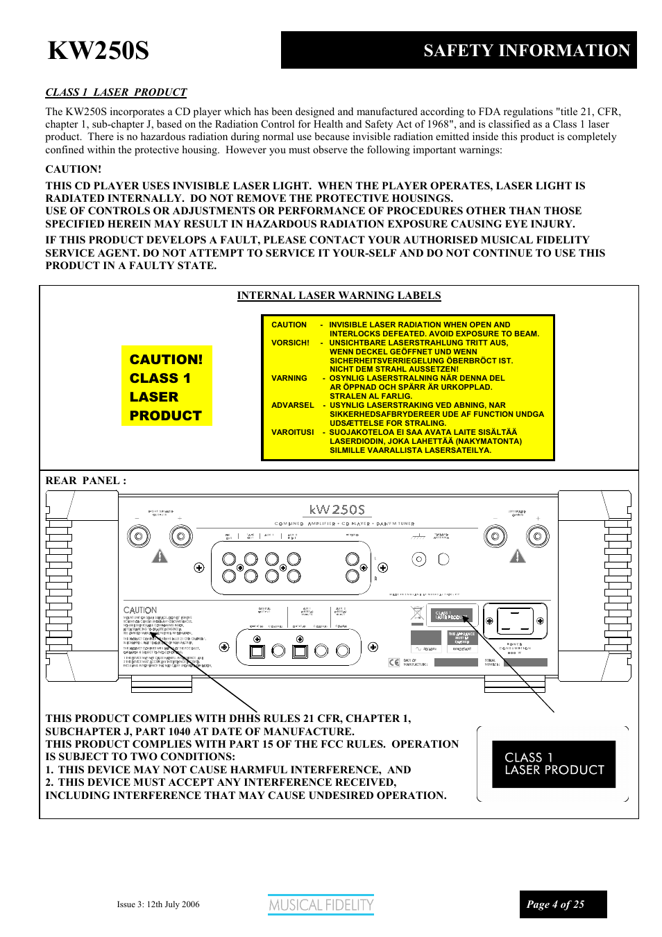 Kw250s, Safety information, Caution | Class 1, Laser, Product | Musical Fidelity KW250S User Manual | Page 4 / 25