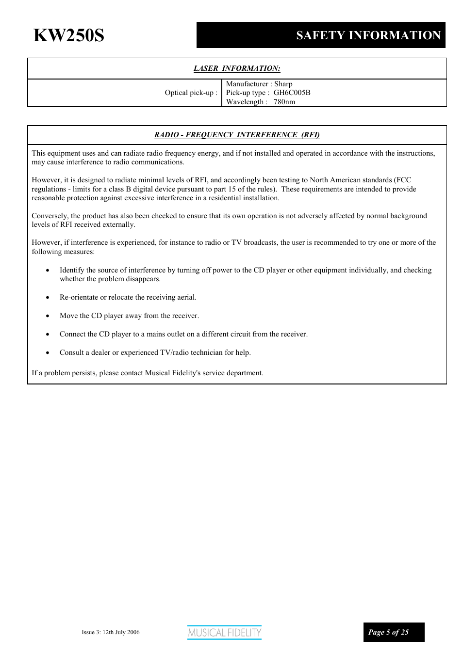 Kw250s, Safety information | Musical Fidelity KW250S User Manual | Page 5 / 25