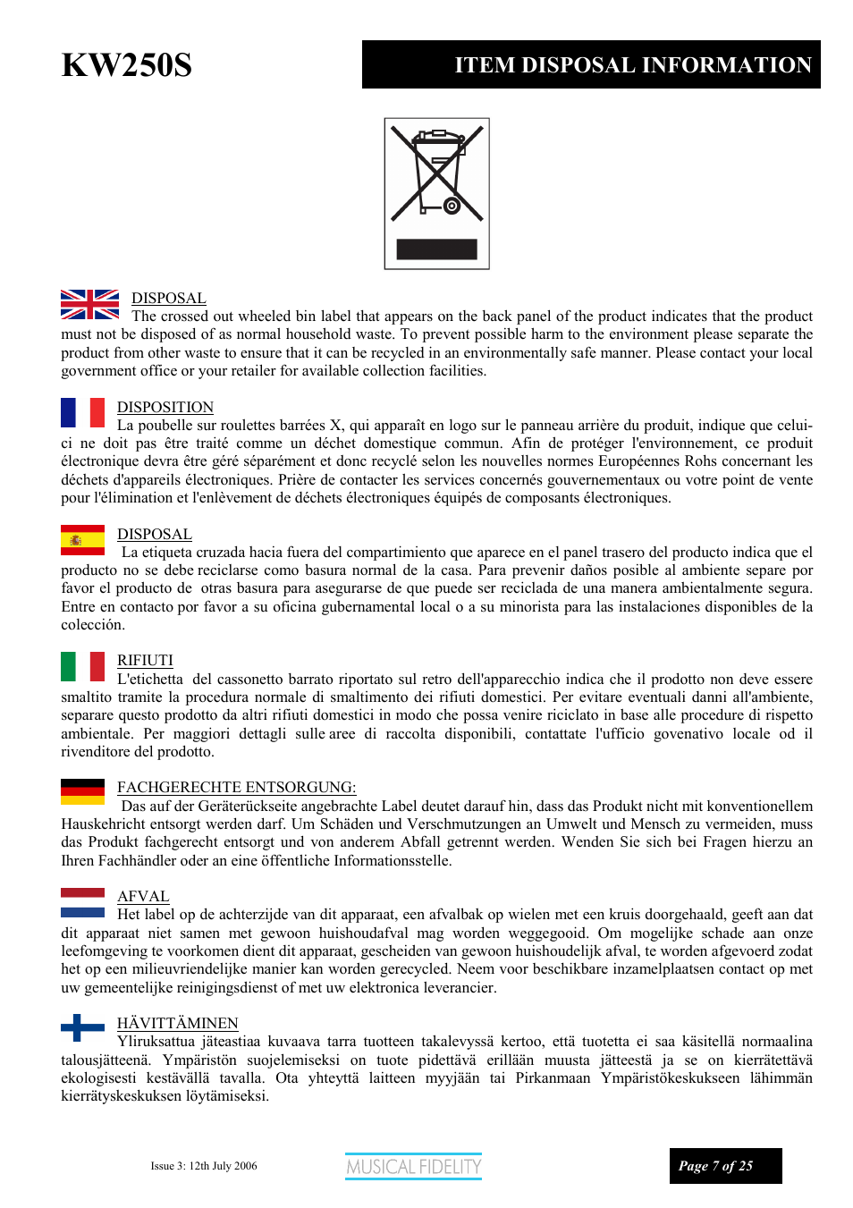 Kw250s, Item disposal information | Musical Fidelity KW250S User Manual | Page 7 / 25