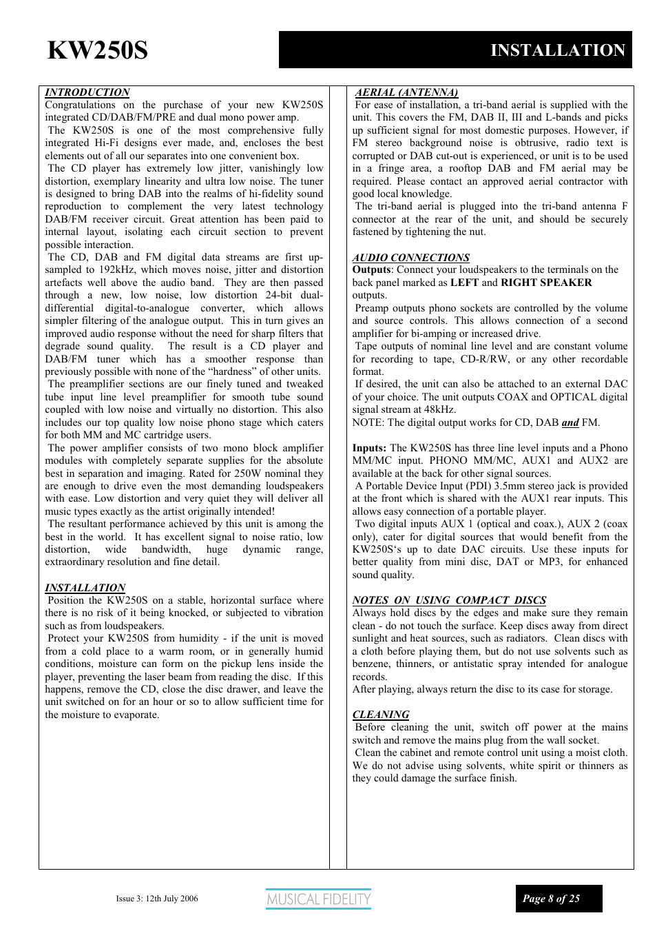 Kw250s, Installation | Musical Fidelity KW250S User Manual | Page 8 / 25