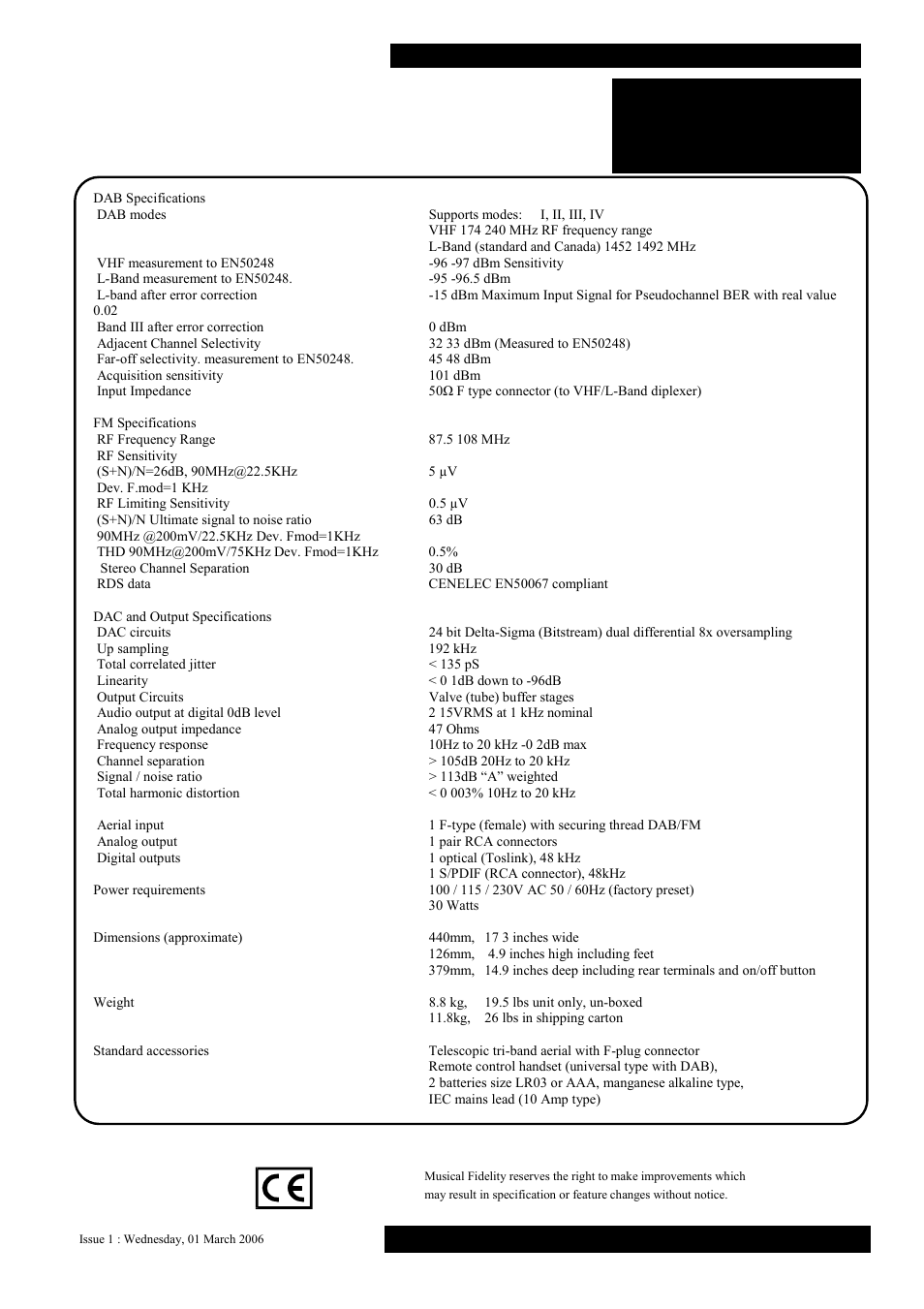 A5 dab/fm tuner, Specifications | Musical Fidelity A5 User Manual | Page 10 / 12