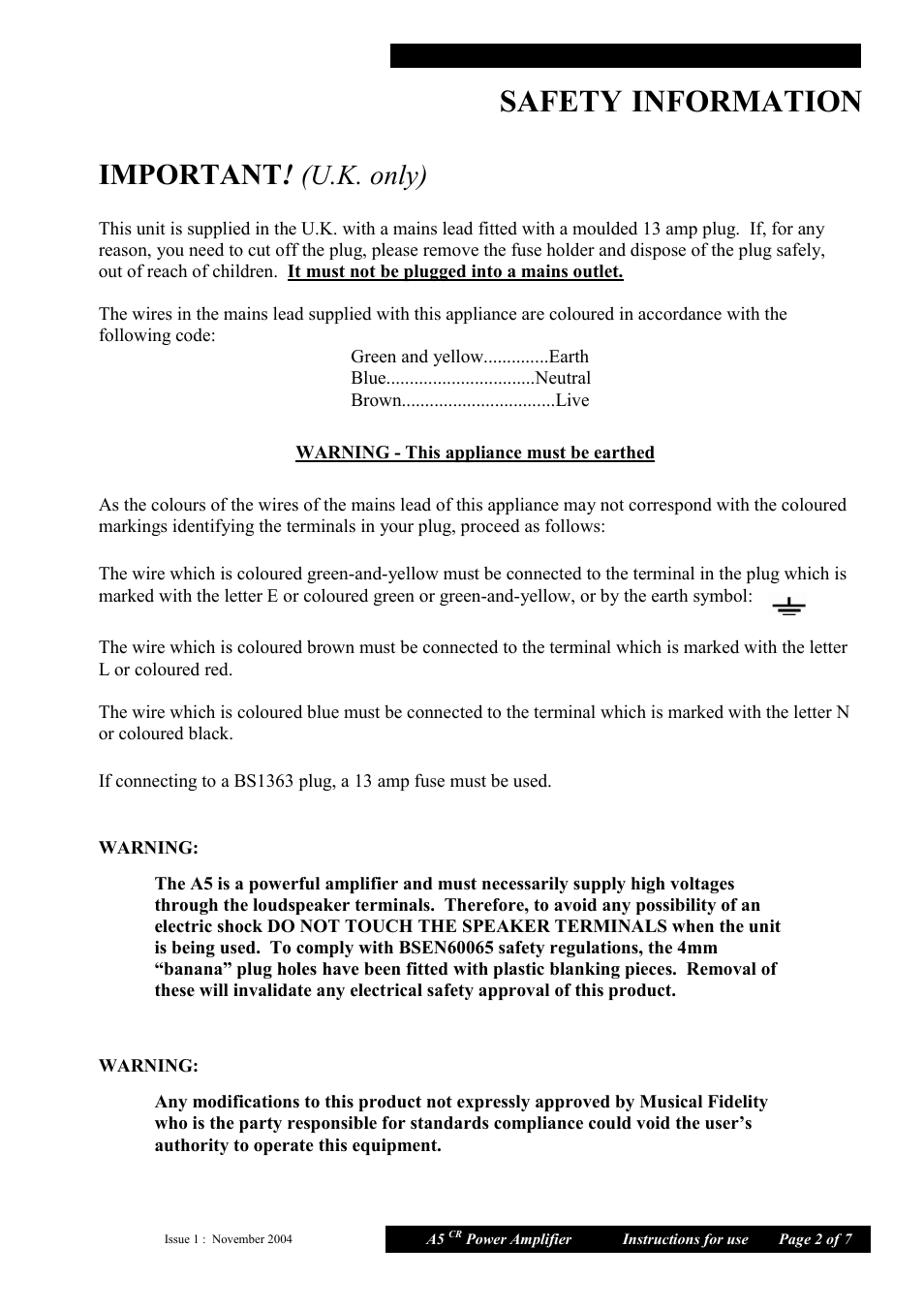 Safety, Information, Important | U.k. only) | Musical Fidelity A5 CR User Manual | Page 2 / 7