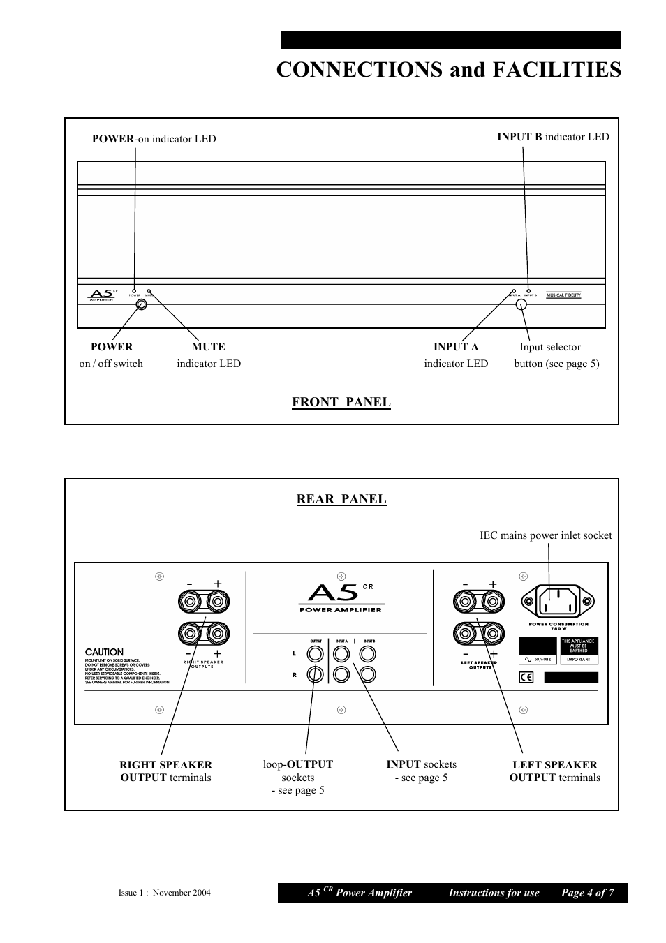 Connections, Facilities, Front panel | Rear panel | Musical Fidelity A5 CR User Manual | Page 4 / 7