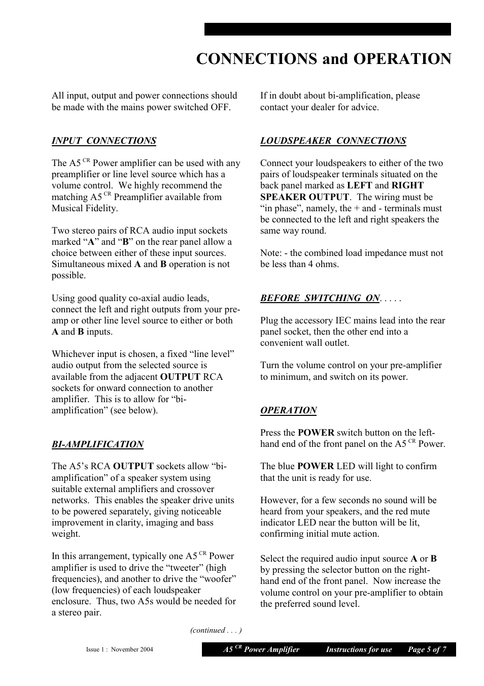 Connections, Operation | Musical Fidelity A5 CR User Manual | Page 5 / 7